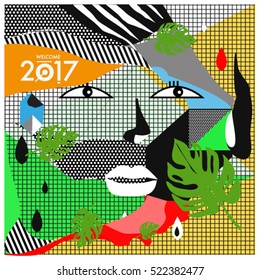 Memphis New year 2017 cards with women face and floral retro illustration style. Vector template for poster and cover publication. Fabric pattern for print materials and wallpaper background.