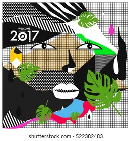 Memphis New year 2017 cards with women face and floral retro illustration style. Vector template for poster and cover publication. Fabric pattern for print materials and wallpaper background.