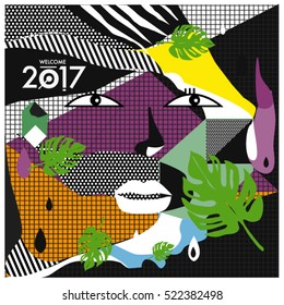 Memphis New year 2017 cards with women face and floral retro illustration style. Vector template for poster and cover publication. Fabric pattern for print materials and wallpaper background.