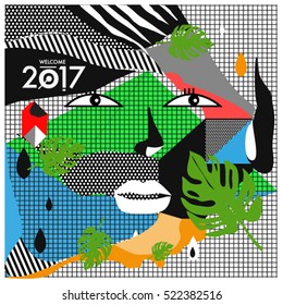 Memphis New year 2017 cards with women face and floral retro illustration style. Vector template for poster and cover publication. Fabric pattern for print materials and wallpaper background.