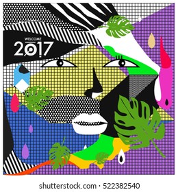 Memphis New year 2017 cards with women face and floral retro illustration style. Vector template for poster and cover publication. Fabric pattern for print materials and wallpaper background.