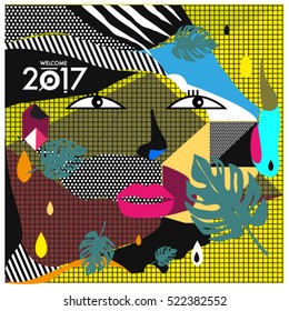 Memphis New year 2017 cards with women face and floral retro illustration style. Vector template for poster and cover publication. Fabric pattern for print materials and wallpaper background.