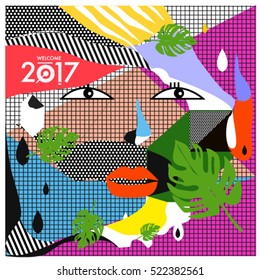 Memphis New year 2017 cards with women face and floral retro illustration style. Vector template for poster and cover publication. Fabric pattern for print materials and wallpaper background.