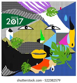 Memphis New year 2017 cards with women face and floral retro illustration style. Vector template for poster and cover publication. Fabric pattern for print materials and wallpaper background.