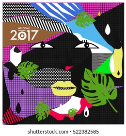 Memphis New year 2017 cards with women face and floral retro illustration style. Vector template for poster and cover publication. Fabric pattern for print materials and wallpaper background.