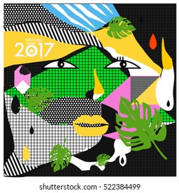 Memphis New year 2017 cards with women face and floral retro illustration style. Vector template for poster and cover publication. Fabric pattern for print materials and wallpaper background.