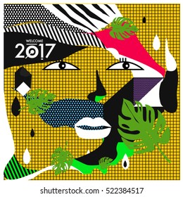 Memphis New year 2017 cards with women face and floral retro illustration style. Vector template for poster and cover publication. Fabric pattern for print materials and wallpaper background.