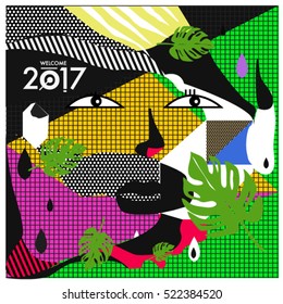 Memphis New year 2017 cards with women face and floral retro illustration style. Vector template for poster and cover publication. Fabric pattern for print materials and wallpaper background.