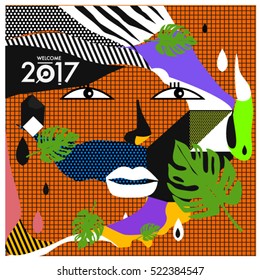 Memphis New year 2017 cards with women face and floral retro illustration style. Vector template for poster and cover publication. Fabric pattern for print materials and wallpaper background.