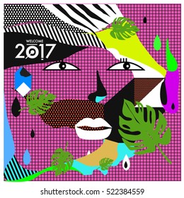 Memphis New year 2017 cards with women face and floral retro illustration style. Vector template for poster and cover publication. Fabric pattern for print materials and wallpaper background.