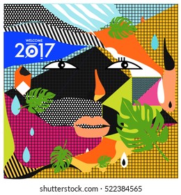 Memphis New year 2017 cards with women face and floral retro illustration style. Vector template for poster and cover publication. Fabric pattern for print materials and wallpaper background.