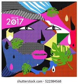 Memphis New year 2017 cards with women face and floral retro illustration style. Vector template for poster and cover publication. Fabric pattern for print materials and wallpaper background.