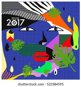 Memphis New year 2017 cards with women face and floral retro illustration style. Vector template for poster and cover publication. Fabric pattern for print materials and wallpaper background.