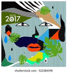 Memphis New year 2017 cards with women face and floral retro illustration style. Vector template for poster and cover publication. Fabric pattern for print materials and wallpaper background.