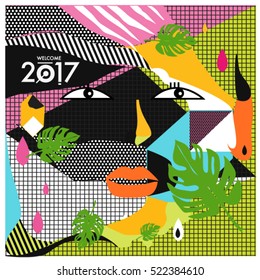 Memphis New year 2017 cards with women face and floral retro illustration style. Vector template for poster and cover publication. Fabric pattern for print materials and wallpaper background.