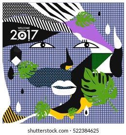 Memphis New year 2017 cards with women face and floral retro illustration style. Vector template for poster and cover publication. Fabric pattern for print materials and wallpaper background.