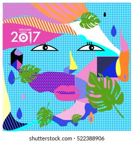 Memphis New year 2017 cards with women face and floral retro illustration style. Vector template for poster and cover publication. Fabric pattern for print materials and wallpaper background.