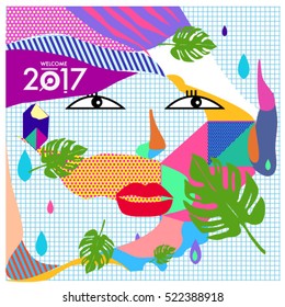 Memphis New year 2017 cards with women face and floral retro illustration style. Vector template for poster and cover publication. Fabric pattern for print materials and wallpaper background.