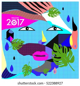 Memphis New year 2017 cards with women face and floral retro illustration style. Vector template for poster and cover publication. Fabric pattern for print materials and wallpaper background.