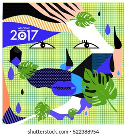 Memphis New year 2017 cards with women face and floral retro illustration style. Vector template for poster and cover publication. Fabric pattern for print materials and wallpaper background.
