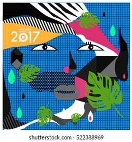 Memphis New year 2017 cards with women face and floral retro illustration style. Vector template for poster and cover publication. Fabric pattern for print materials and wallpaper background.