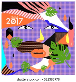 Memphis New year 2017 cards with women face and floral retro illustration style. Vector template for poster and cover publication. Fabric pattern for print materials and wallpaper background.