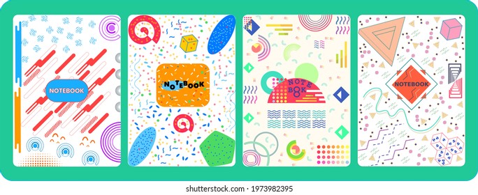 Memphis notebook cover. Set of 4  with trendy geometric design. Template for covers, voucher, posters, flyers and banners.