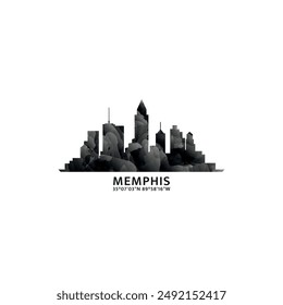 Panorama de Memphis, insignia de Vector, logo de skyline e ícono. EE.UU., Tennessee horizonte de la ciudad del estado logotipo con Lugares famosos y siluetas de construcción. Gráfica de gradiente abstracto de niebla aislada