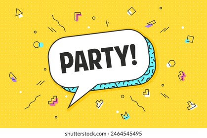 Memphis party speech bubble for celebration message, vector background. Birthday party, holiday carnival or entertainment festival greeting in chat message bubble with Memphis shapes confetti