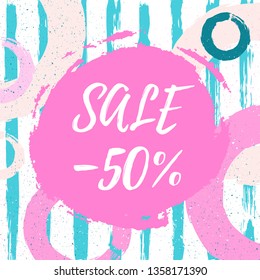 Memphis pattern 80's-90's styles on white background. Sale 50% off poster. Trendy memphis style. Colorful hand draw geometric pattern different shapes color style. Vector Illustration