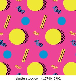 Memphis pattern 80's-90's styles on red background. Trendy memphis style. Colorful geometric pattern different shapes color style. Vector Eps. 8
