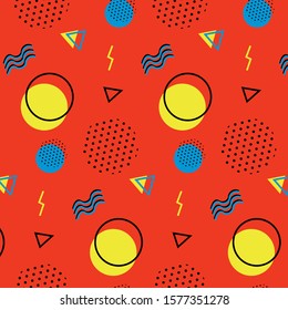 Memphis pattern 80's-90's styles on red background. Trendy memphis style. Colorful geometric pattern different shapes color style. Vector Eps. 8