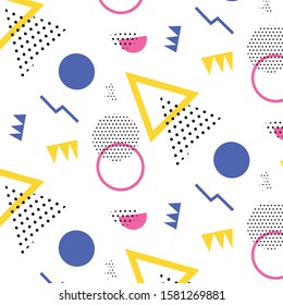 Memphis pattern 80's-90's styles on red background. Trendy memphis style. Colorful geometric pattern different shapes color style. Cover template design,abstract pattern, hipster fashion.