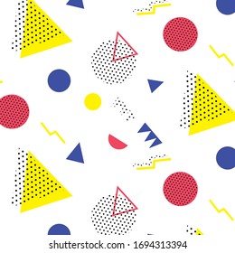 Estilo Memphis de los años 80-90 sobre fondo blanco. Estilo moderno memphis. Distintas formas geométricas de color, estilo de color. Diseño de plantilla de portada,moda hipster abstracto. Para tela, cubierta. Vector