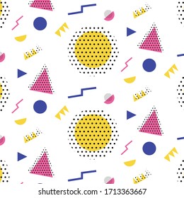Memphis pattern 80's-90's styles on white background. Trendy memphis style. Colorful geometric pattern different shapes. Cover template design,abstract pattern, hipster fashion. Vector Eps.8