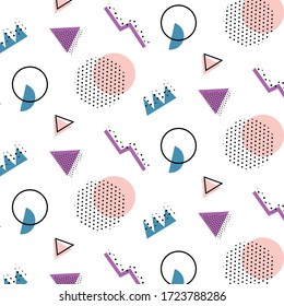 Memphis pattern 80's-90's styles on white background. Trendy memphis style. Colorful geometric pattern different shapes color style. Cover template design,abstract pattern, hipster fashion. Vector 