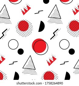 Memphis pattern 80's-90's styles on red background. Trendy memphis style. Colorful geometric pattern different shapes color style. Cover template design,abstract pattern, hipster fashion. Vector Eps8