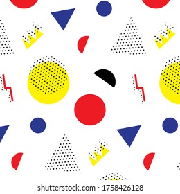 Memphis pattern 80's-90's styles on red background. Trendy memphis style. Colorful geometric pattern different shapes color style. Cover template design,abstract pattern, hipster fashion. Vector Eps8