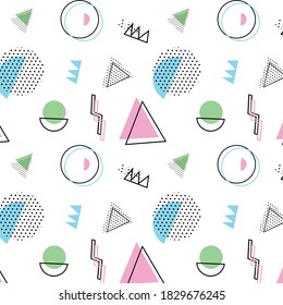 Memphis pattern 80's-90's styles on red background. Trendy memphis style. Colorful geometric pattern different shapes color style. Cover template design,abstract pattern, hipster fashion. Vector Eps.8