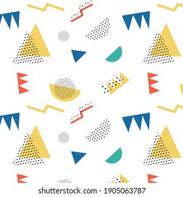 Memphis pattern 80's-90's styles on red background. Trendy memphis style. Colorful geometric pattern different shapes color style. Cover template design,abstract pattern, hipster fashion. Vector Eps.8