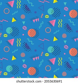 Memphis-Muster 80er-90er Jahre auf blauem Hintergrund. Trendy Memphis Stil. Farbiges geometrisches Muster mit unterschiedlichen Formen. Cover Template Design, abstraktes Muster, hipster Mode.