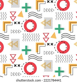 Memphis-Muster 80er-90er Jahre auf weißem Hintergrund. Trendy flach Stil. Farbiges geometrisches Muster mit unterschiedlichen Formen. Cover Template Design, abstraktes Muster, hipster Mode. 
