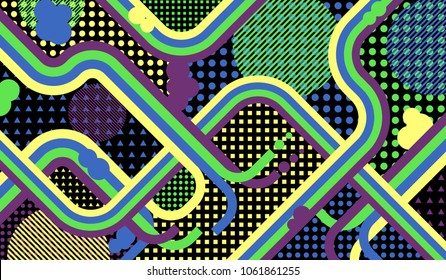 Memphis pattern. Abstract background with color lines and different elements for paper or print. Pop-Art Style. Vintage Background with Color Elements in Disco Style. Vector Texture.