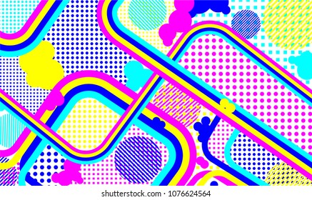 Memphis pattern. Abstract background with color lines and different elements for banner or mobile application. Retro-Fututristic Background with Color Elements in Disco Style. Vector Texture.