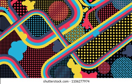 Memphis pattern. Abstract background with color lines and different elements for banner or mobile application. Pop-Art Style. Vintage Background with Color Elements in Disco Style. Vector Texture.