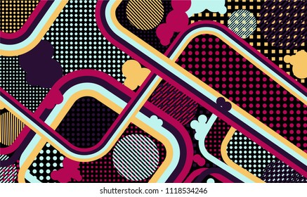 Memphis pattern. Abstract background with color lines and different elements for paper or print. Retro Pattern with Color Elements for your Design. Vector Texture.