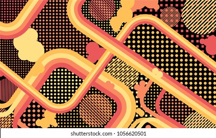 Memphis pattern. Abstract pattern with color strips and different elements for banner or mobile application. Retro-Fututristic Background with Color Elements in Disco Style. Vector Texture.