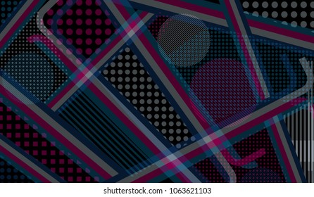 Memphis pattern. Abstract pattern with color strips and different elements for banner or mobile application. Pop-Art Style. Vintage Background with Color Elements in Disco Style. Vector Texture.