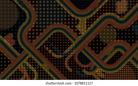 Memphis pattern. Abstract pattern with color strips and different elements for paper or print. Pop-Art Style. Vintage Background with Color Elements in Disco Style. Vector Texture.