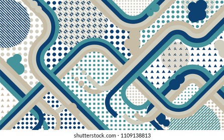 Memphis pattern. Abstract pattern with color strips and different elements for textile or wallpaper. Pop-Art Style. Vintage Background with Color Elements in Disco Style. Vector Texture.